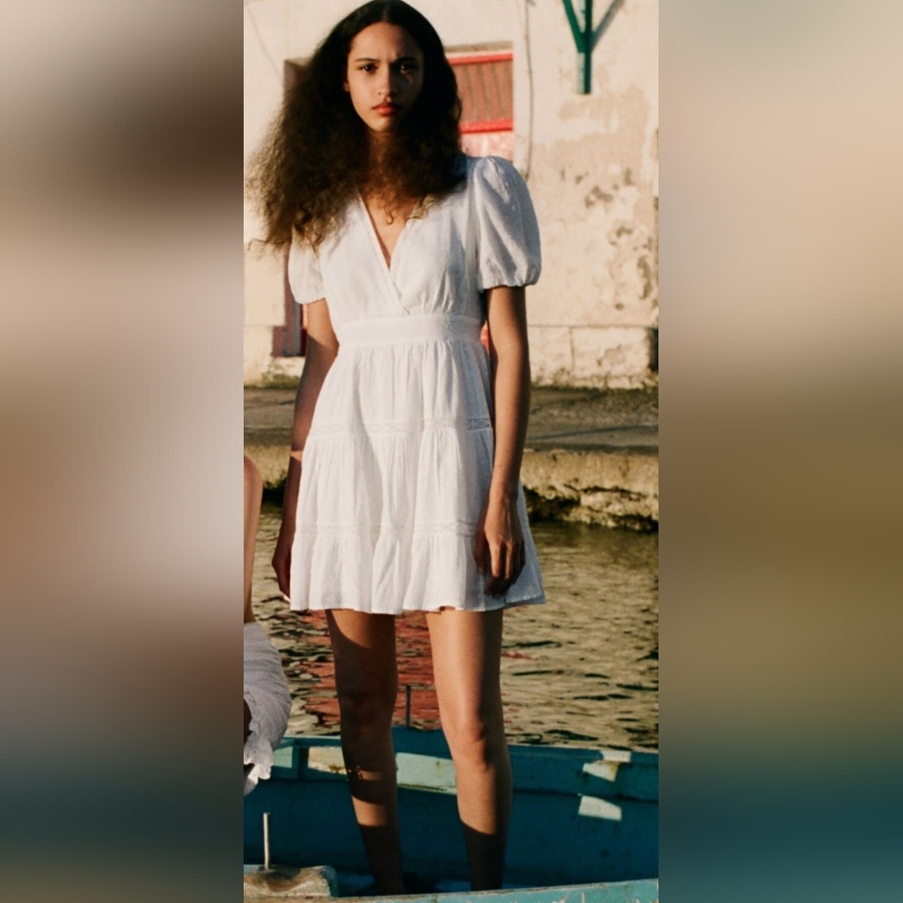 Zara White Puff Sleeve Mini Dress